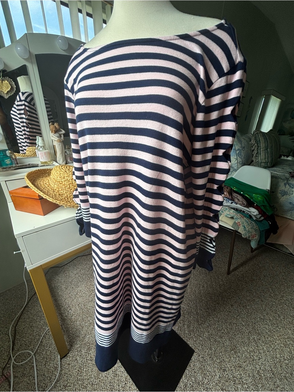 Kim Rogers Navy and Light Pink Striped Long-Sleeve Dress